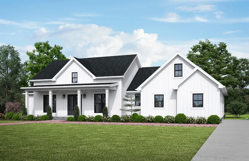 Farmhouse Plan Front of Home - Perry Hill Modern Farmhouse 011D-0661 - Shop House Plans and More