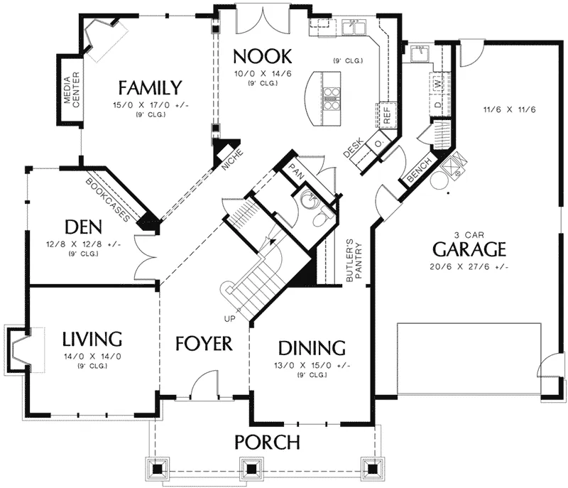 Shingle House Plan First Floor - Ash Creek Craftsman Home 011S-0130 - Search House Plans and More