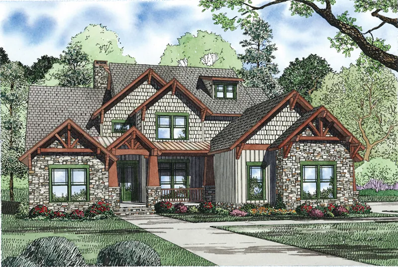 Traditional House Plan Front of Home - Stoneboro Rustic Craftsman Home 055D-0954 - Shop House Plans and More